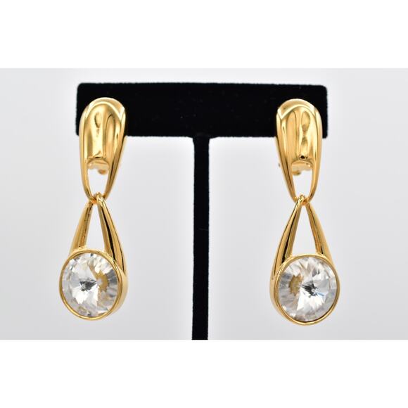 Erwin Pearl Vintage Crystal Clip On Earrings Gold Dangle PEP Signed 1980s BinA28 - Picture 1 of 12